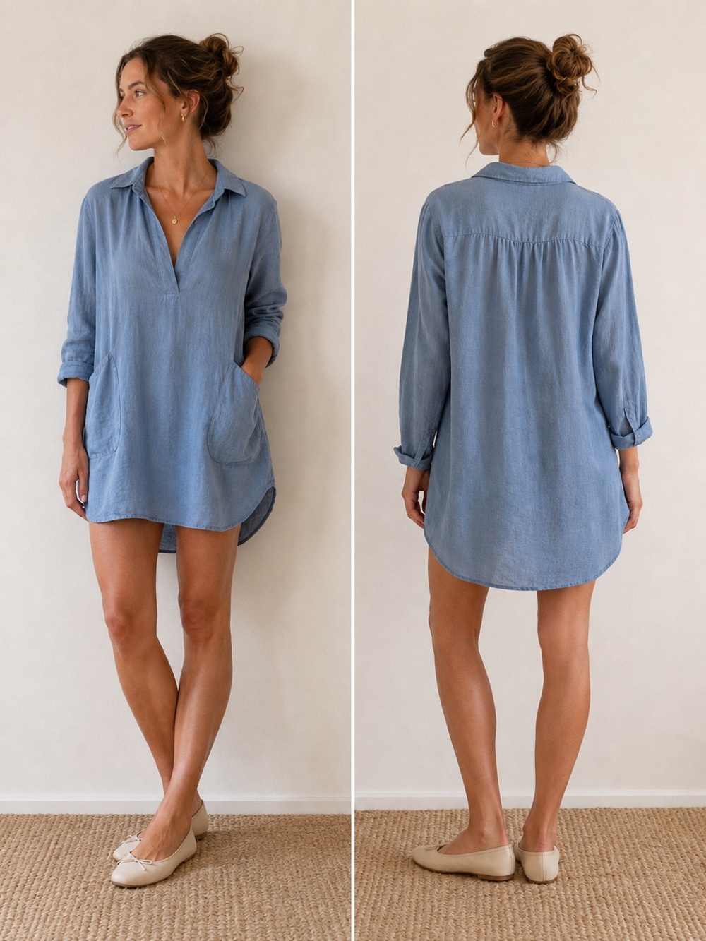 CP Shades 100% Linen Blue Tunic Top Made in USA Size Large
